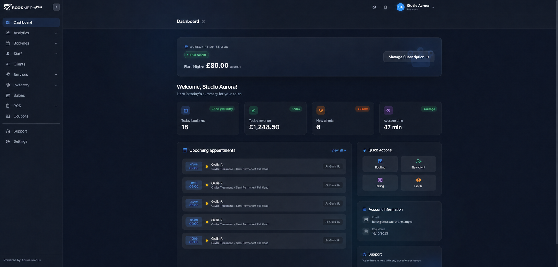 BookMeProPlus dashboard with bookings, revenue and client metrics